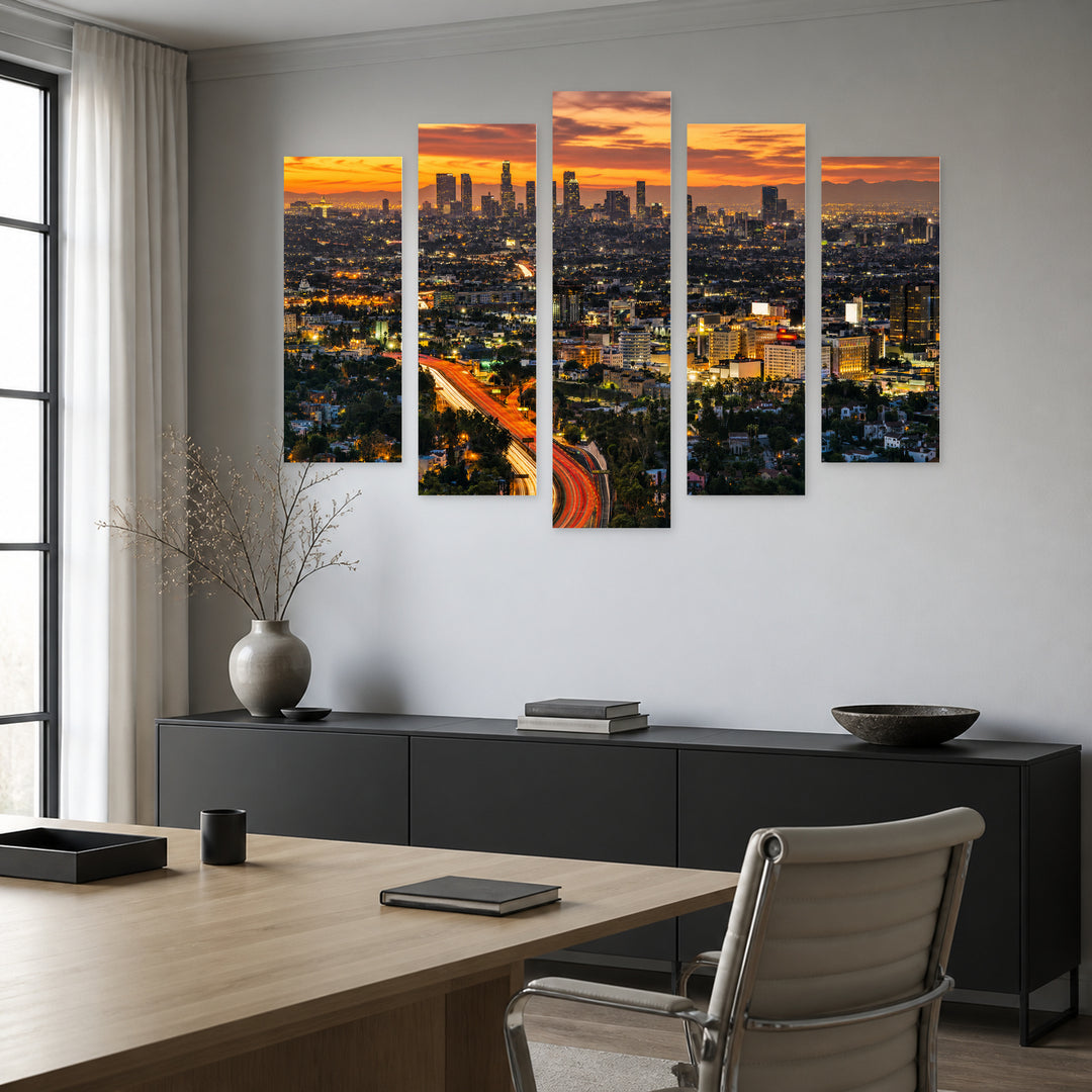 Los Angeles Sunset Skyline — five-panel wall art in alternate frontal interior | 5wallart 51369 M4