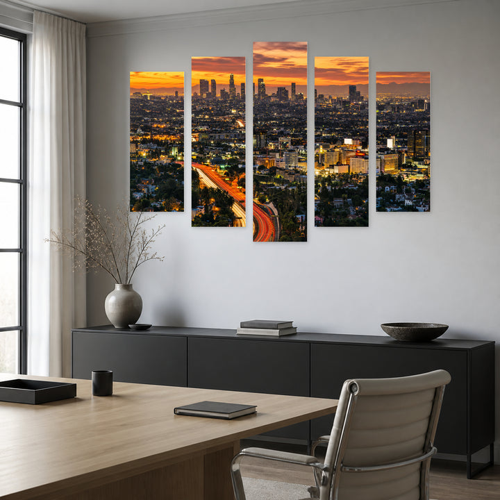Los Angeles Sunset Skyline — five-panel wall art in alternate frontal interior | 5wallart 51369 M4