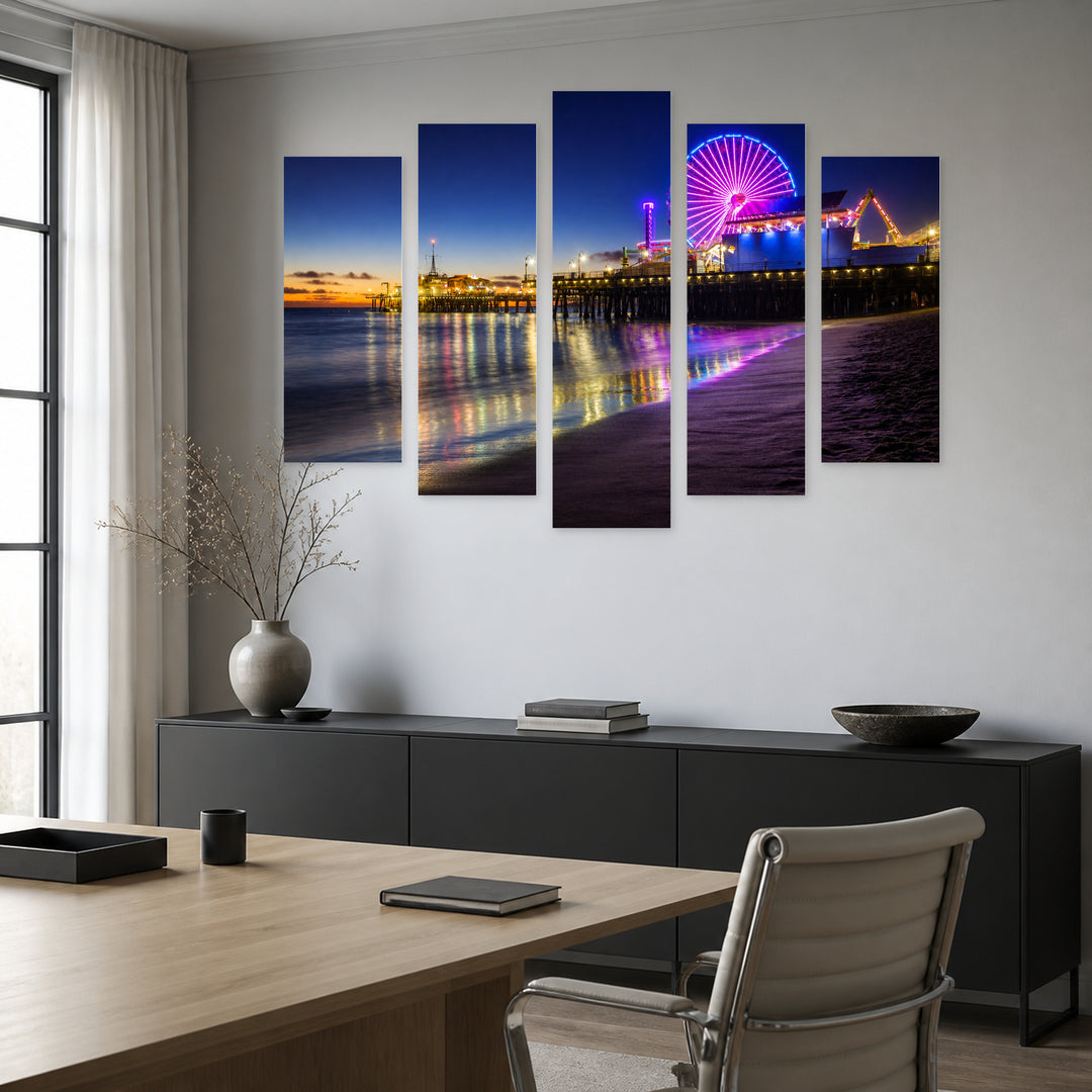 Santa Monica Harbor at Night — five-panel wall art in frontal interior | 5wallart 51370 M3