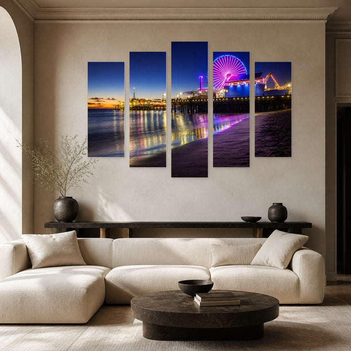 Santa Monica Harbor at Night — five-panel wall art in alternate frontal interior | 5wallart 51370 M4
