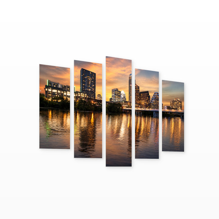 Colorado River, Austin, Texas at Golden Sunset — five-panel wall art on white background in perspective | 5wallart 51372 M1