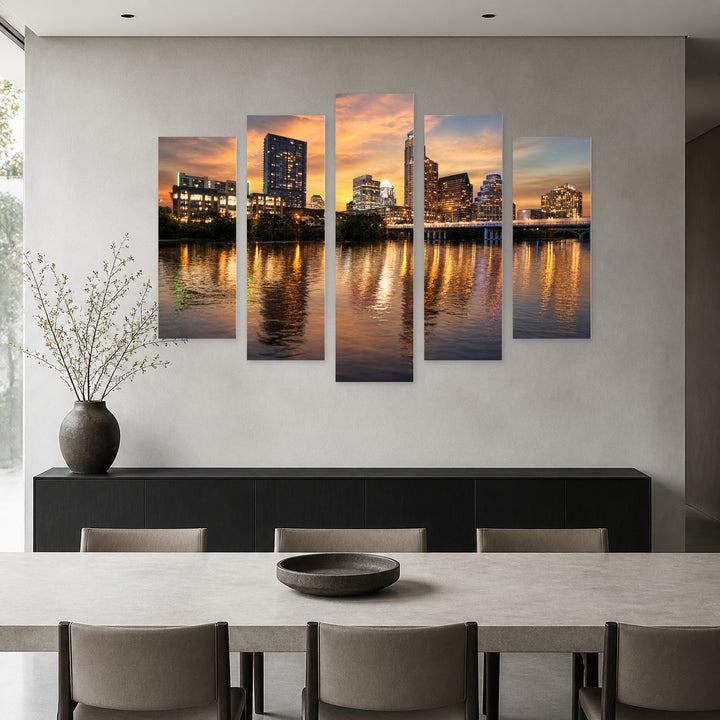 Colorado River, Austin, Texas at Golden Sunset — five-panel wall art in frontal interior | 5wallart 51372 M3