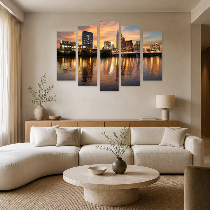 Colorado River, Austin, Texas at Golden Sunset — five-panel wall art in alternate frontal interior | 5wallart 51372 M4