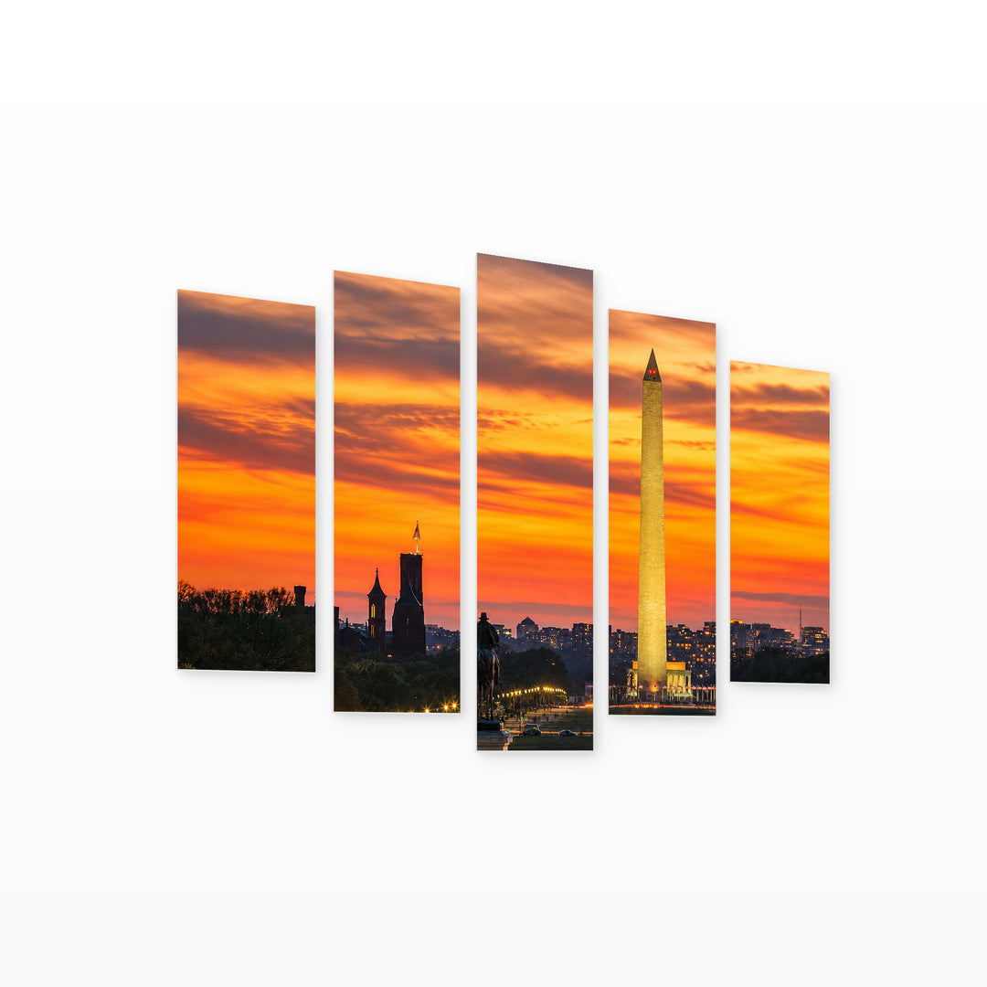 Golden Washington with Orange Sunset — five-panel wall art on white background in perspective | 5wallart 51373 M1