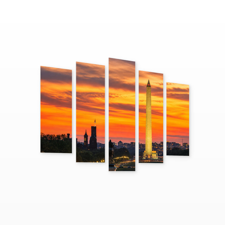 Golden Washington with Orange Sunset — five-panel wall art on white background in perspective | 5wallart 51373 M1