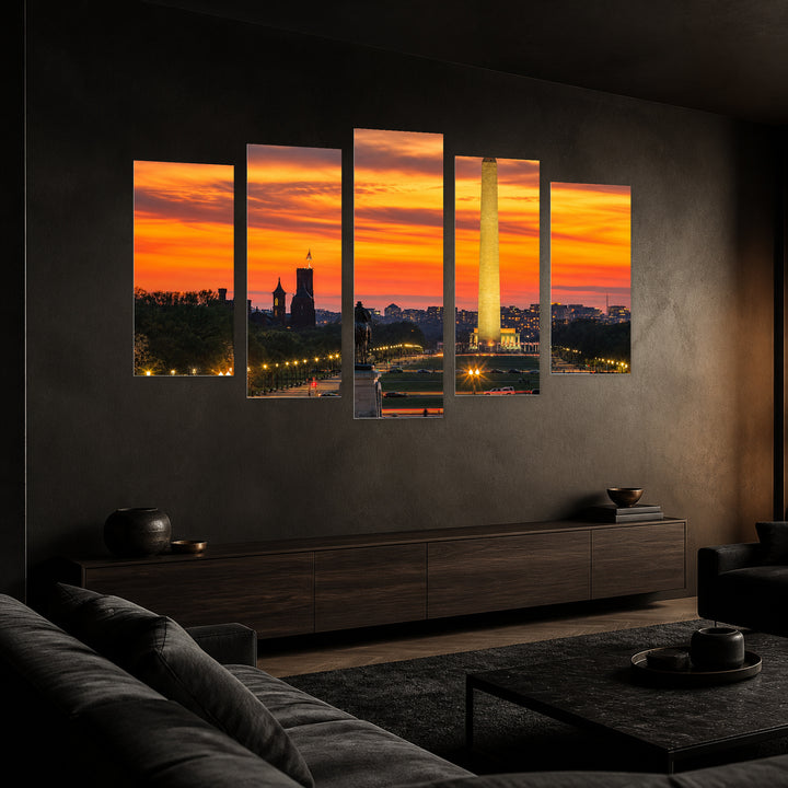 Golden Washington with Orange Sunset — five-panel wall art in perspective interior | 5wallart 51373 M2