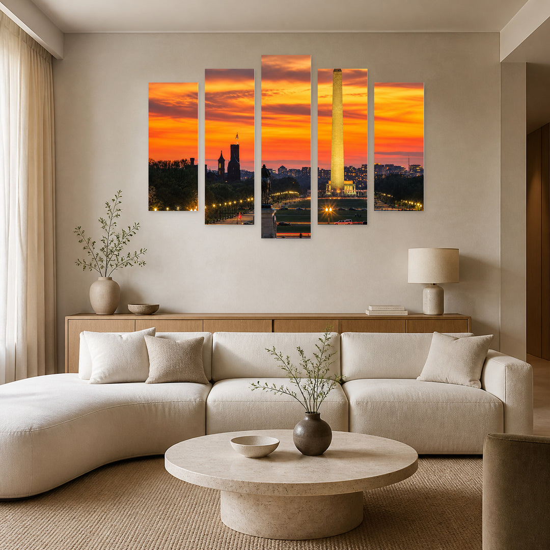 Golden Washington with Orange Sunset — five-panel wall art in frontal interior | 5wallart 51373 M3