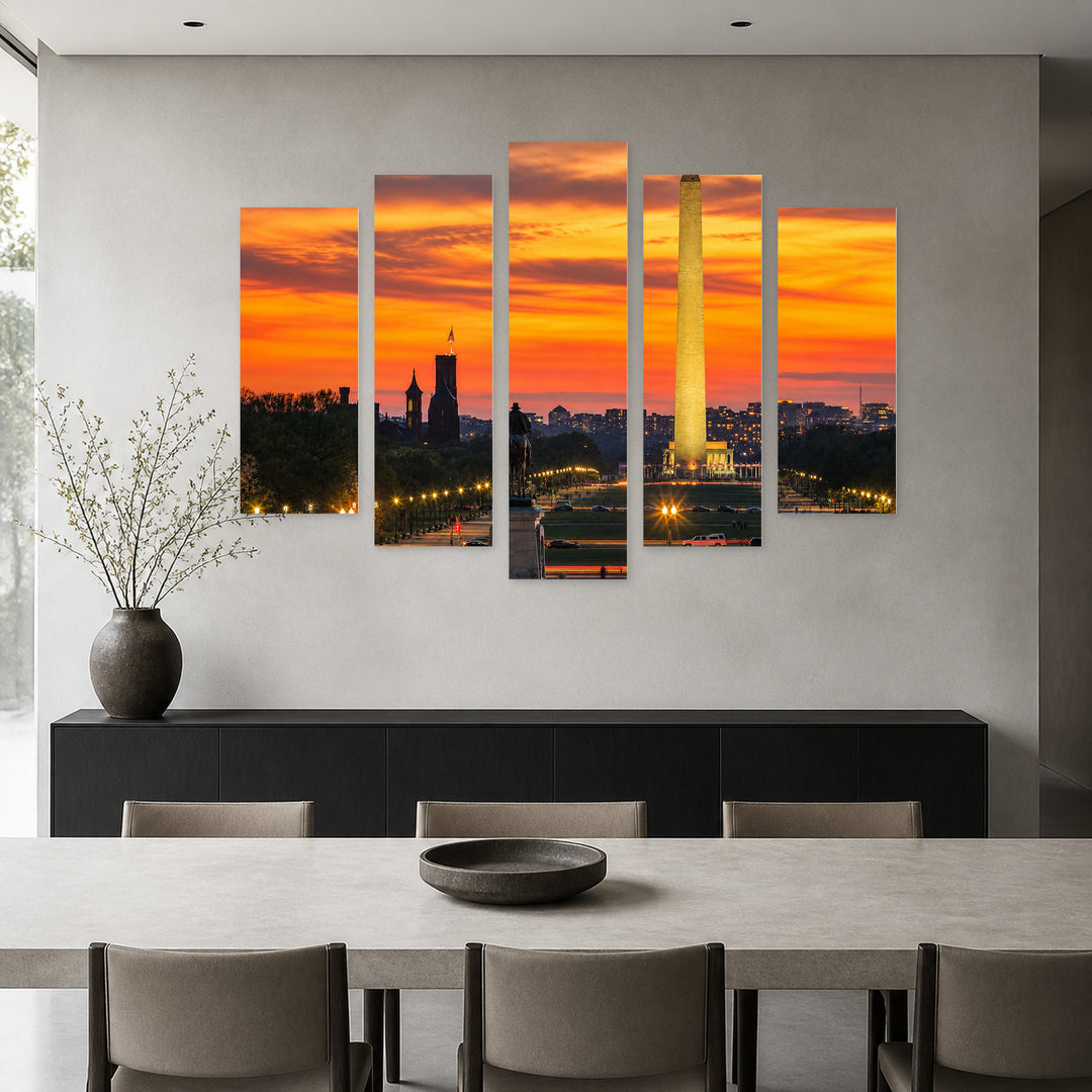 Golden Washington with Orange Sunset — five-panel wall art in alternate frontal interior | 5wallart 51373 M4
