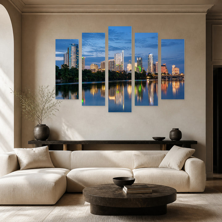Austin Twilight Reflection Skyline — five-panel wall art in frontal interior | 5wallart 51377 M3