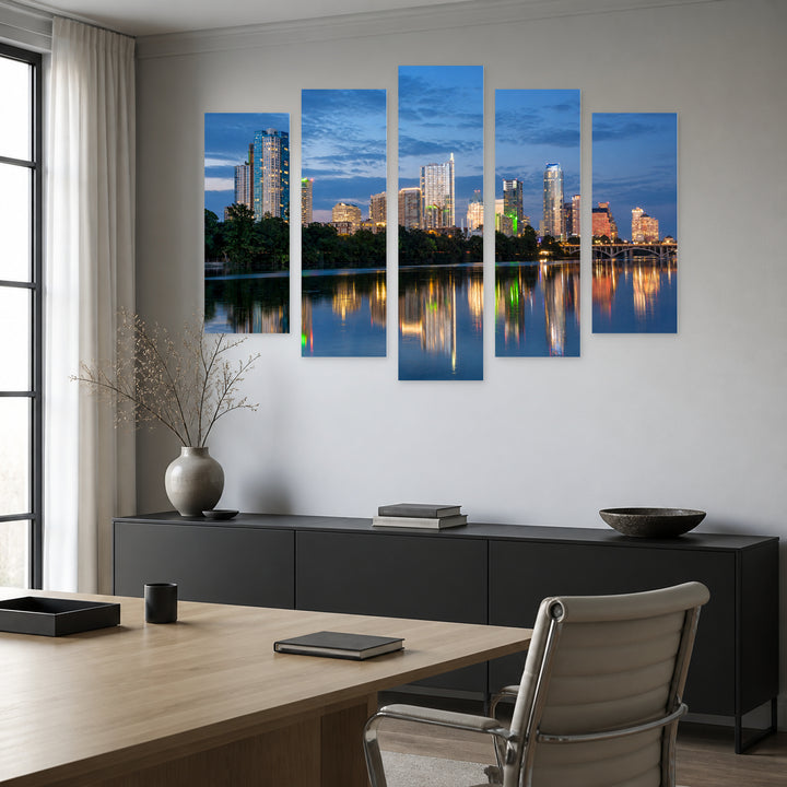 Austin Twilight Reflection Skyline — five-panel wall art in alternate frontal interior | 5wallart 51377 M4