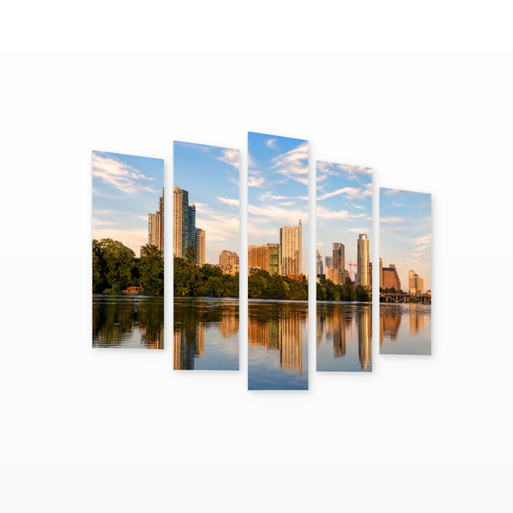 Austin Downtown Skyline — five-panel wall art on white background in perspective | 5wallart 51379 M1