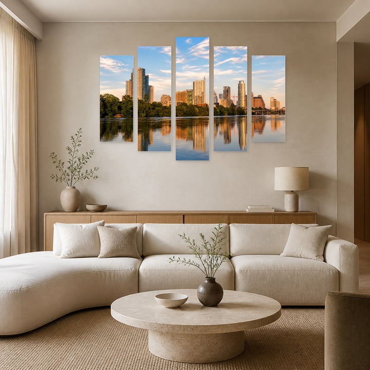 Austin Downtown Skyline — five-panel wall art in frontal interior | 5wallart 51379 M3