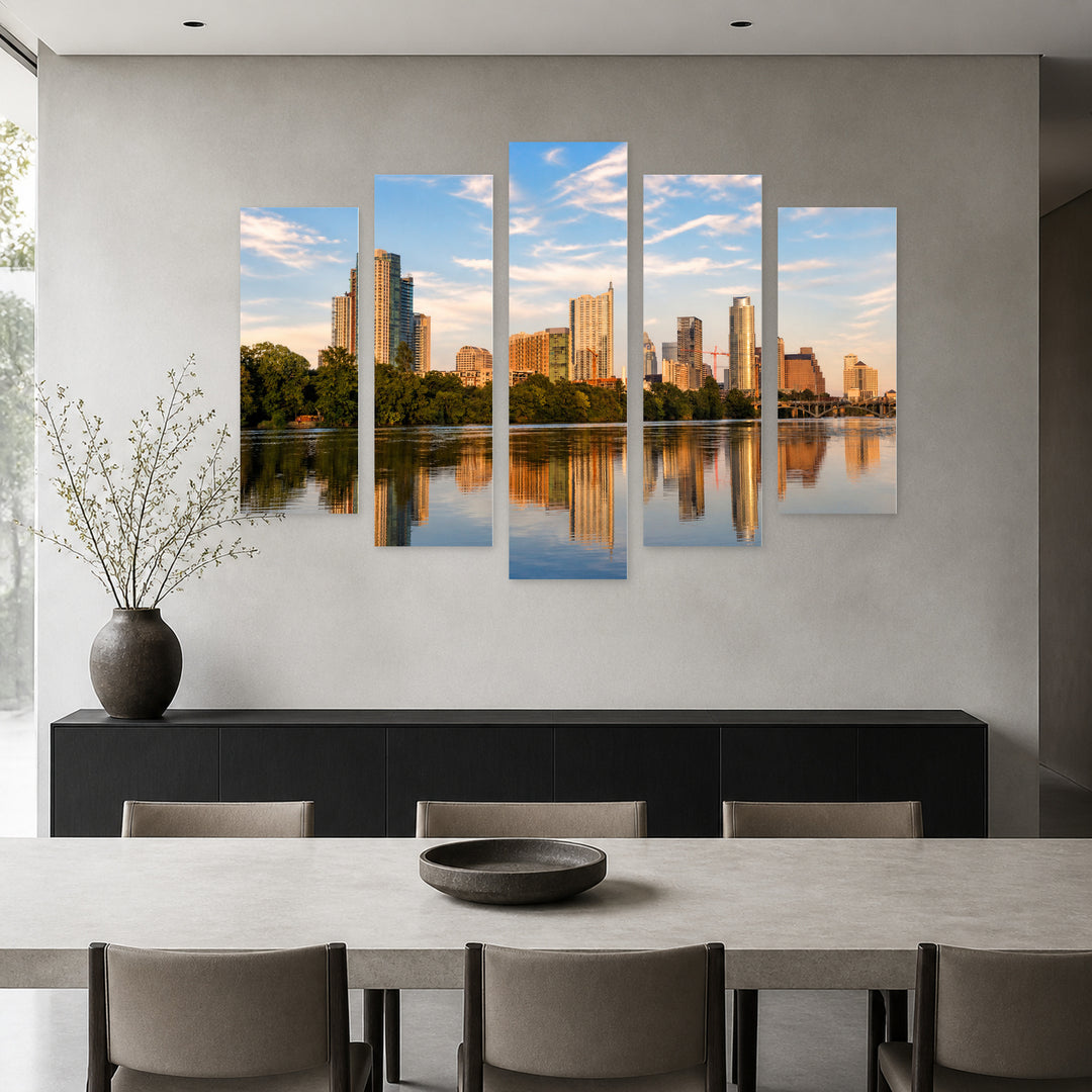 Austin Downtown Skyline — five-panel wall art in alternate frontal interior | 5wallart 51379 M4