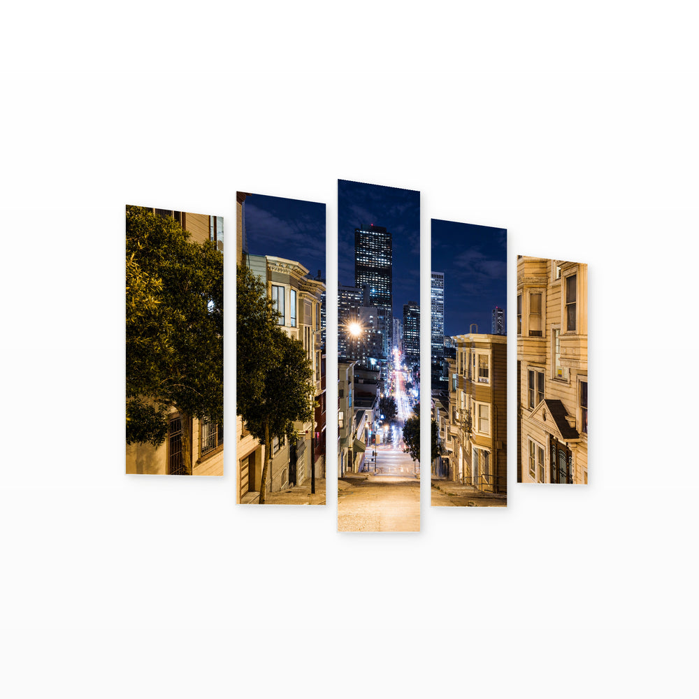 San Francisco Modern Buildings with Geometric Rhythm — five-panel wall art on white background in perspective | 5wallart 51382 M1