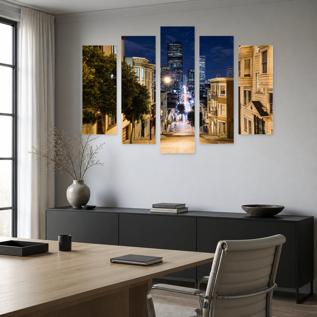 San Francisco Modern Buildings with Geometric Rhythm — five-panel wall art in frontal interior | 5wallart 51382 M3