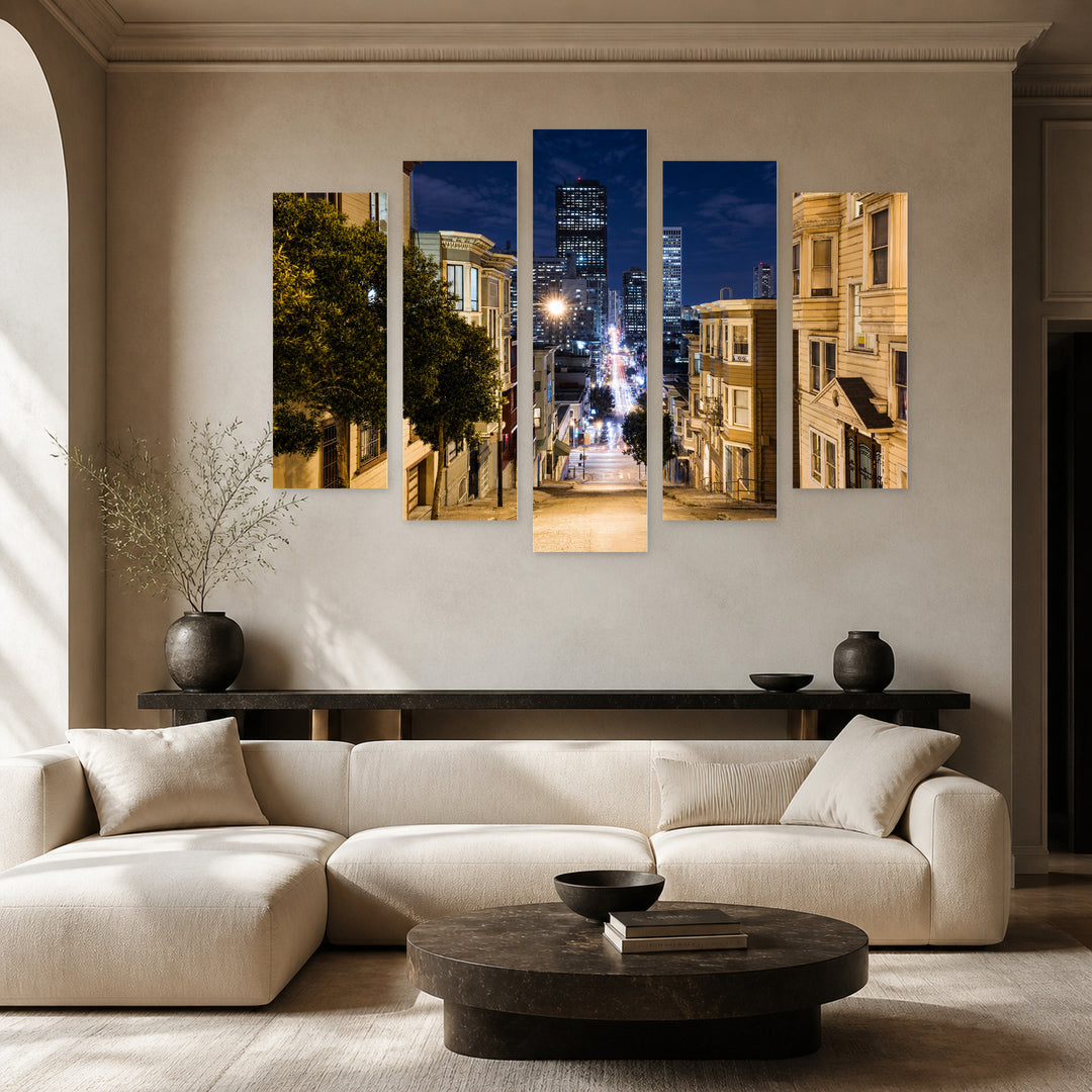 San Francisco Modern Buildings with Geometric Rhythm — five-panel wall art in alternate frontal interior | 5wallart 51382 M4