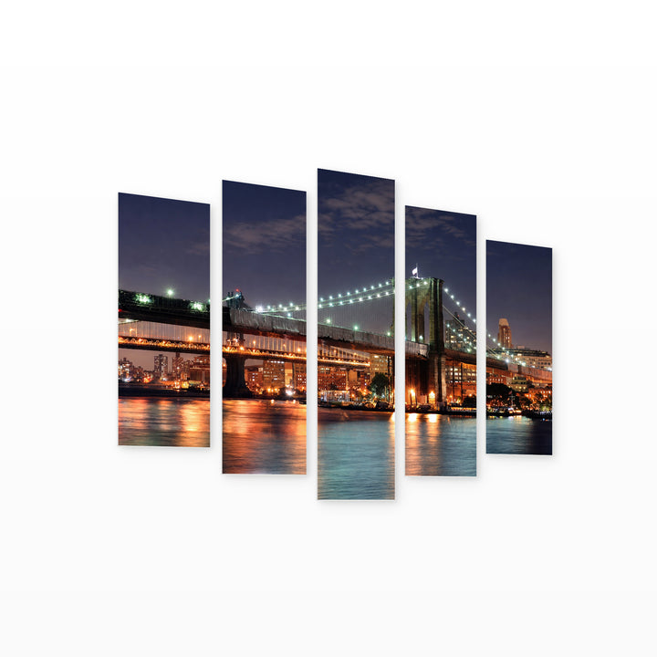 Brooklyn Bridge Night View with Reflection Urban Panorama — five-panel wall art on white background in perspective | 5wallart 51391 M1