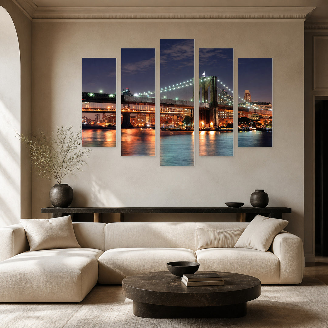 Brooklyn Bridge Night View with Reflection Urban Panorama — five-panel wall art in frontal interior | 5wallart 51391 M3