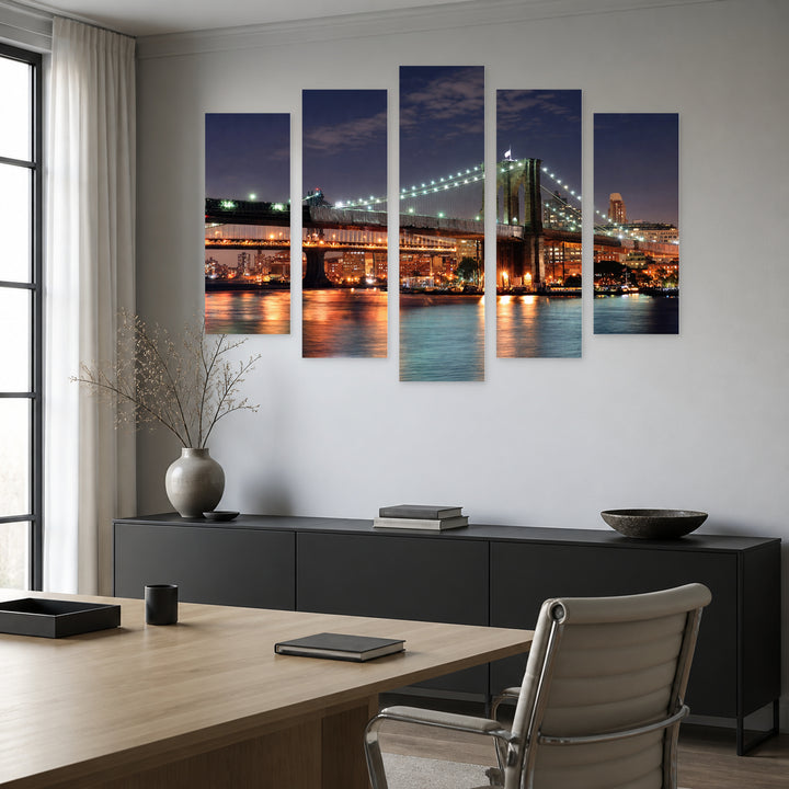 Brooklyn Bridge Night View with Reflection Urban Panorama — five-panel wall art in alternate frontal interior | 5wallart 51391 M4