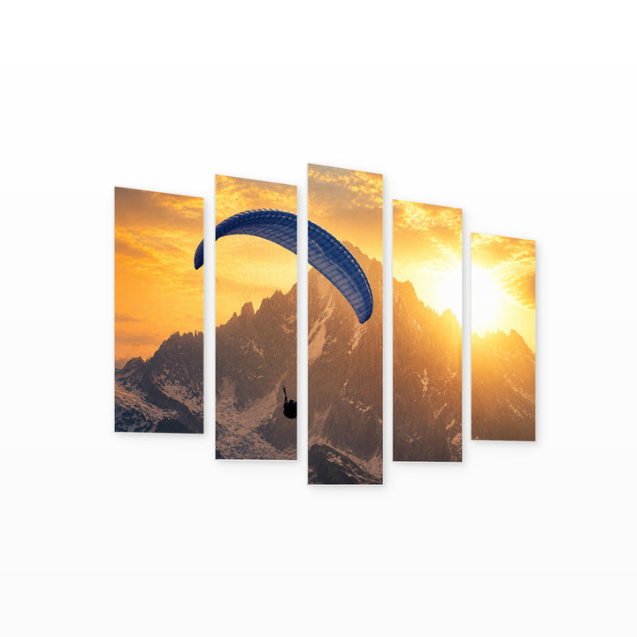 Parachutist in Blue and Gold — five-panel wall art on white background in perspective | 5wallart 51463 M1