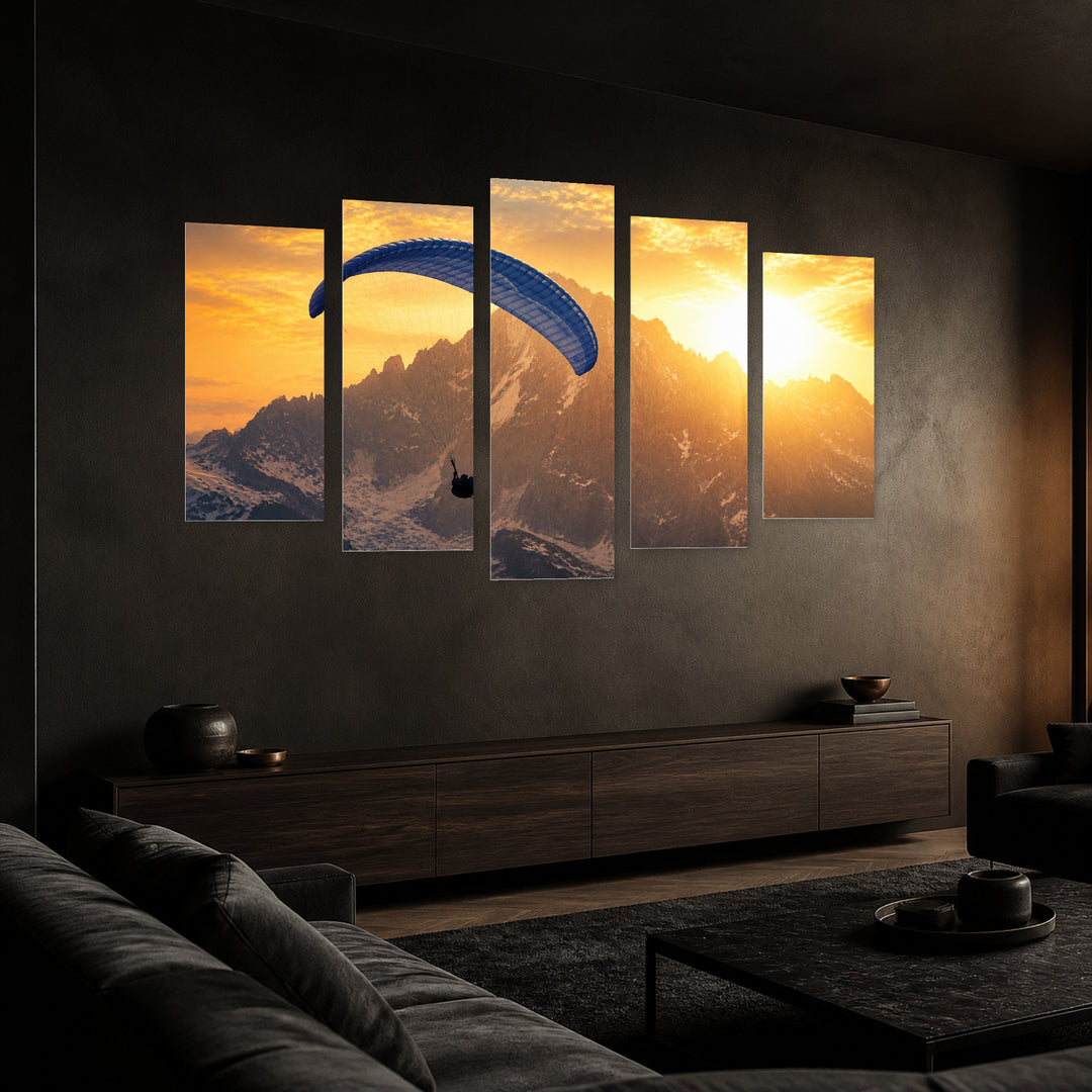 Parachutist in Blue and Gold — five-panel wall art in perspective interior | 5wallart 51463 M2