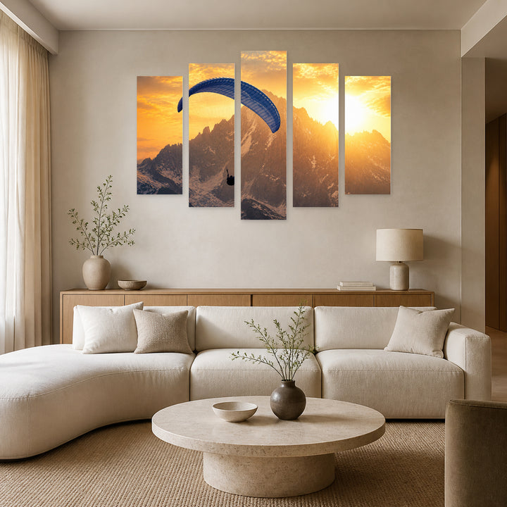 Parachutist in Blue and Gold — five-panel wall art in frontal interior | 5wallart 51463 M3