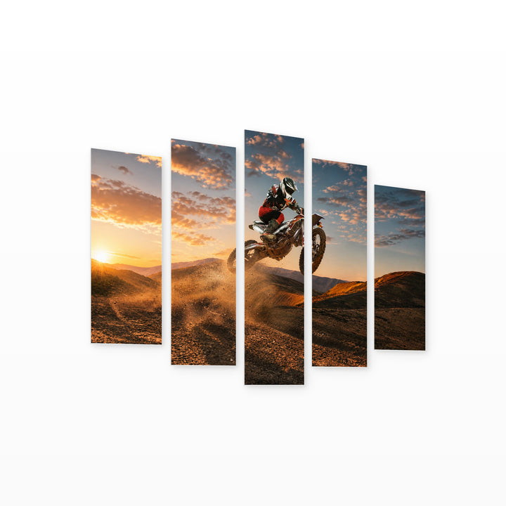 Motorcyclist with Dramatic Contrast — five-panel wall art on white background in perspective | 5wallart 51467 M1
