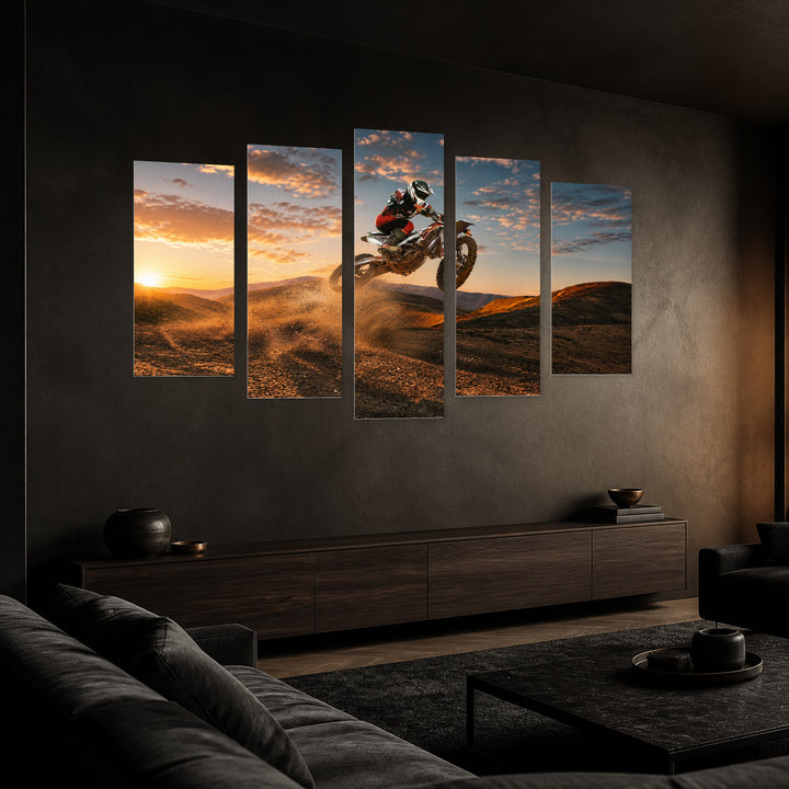 Motorcyclist with Dramatic Contrast — five-panel wall art in perspective interior | 5wallart 51467 M2