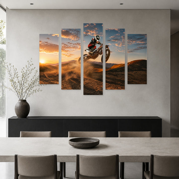 Motorcyclist with Dramatic Contrast — five-panel wall art in alternate frontal interior | 5wallart 51467 M4