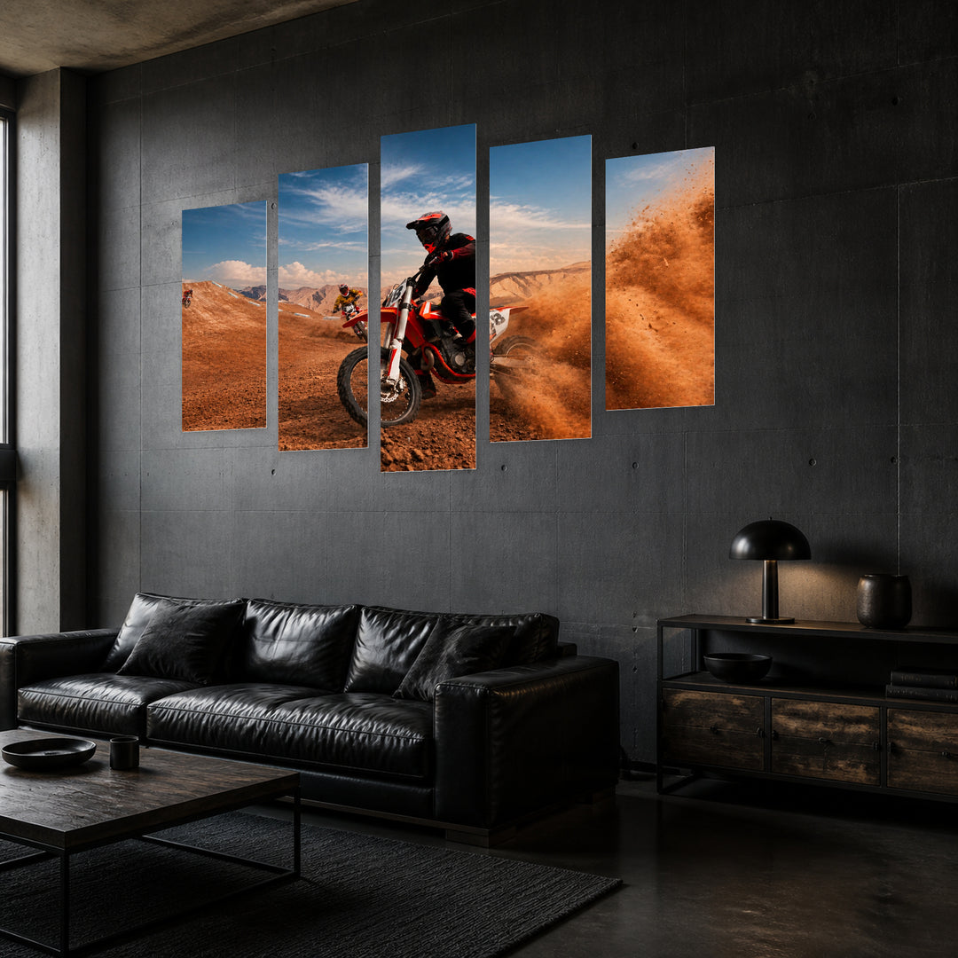 Motocross Motion Study — five-panel wall art in perspective interior | 5wallart 51472 M2