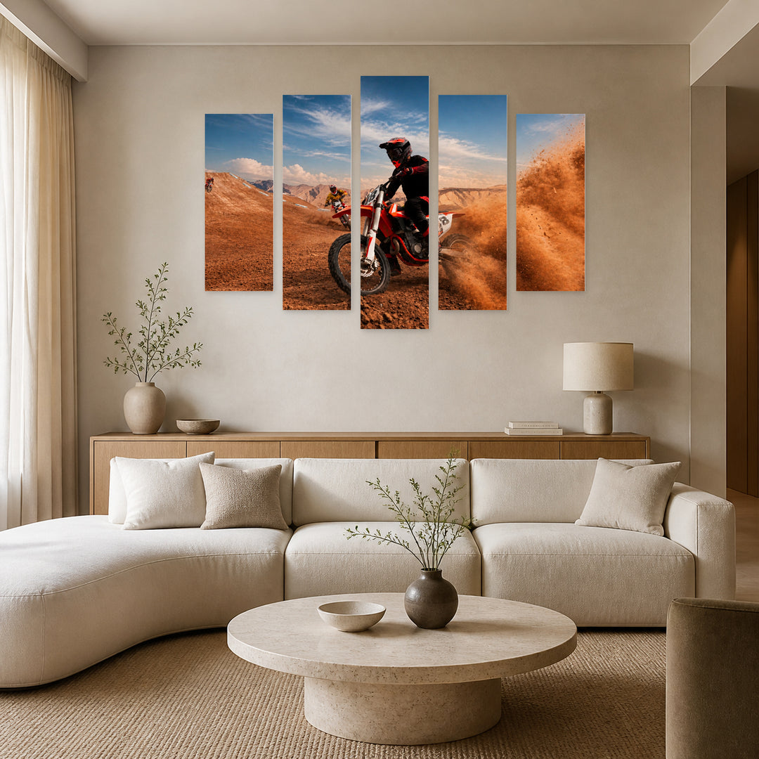 Motocross Motion Study — five-panel wall art in alternate frontal interior | 5wallart 51472 M4