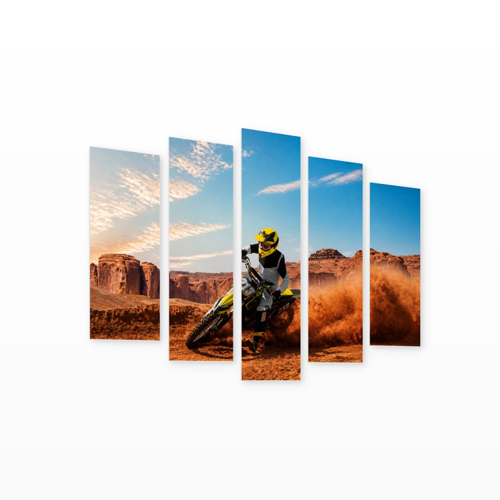 Desert Motocross Drift — five-panel wall art on white background in perspective | 5wallart 51479 M1