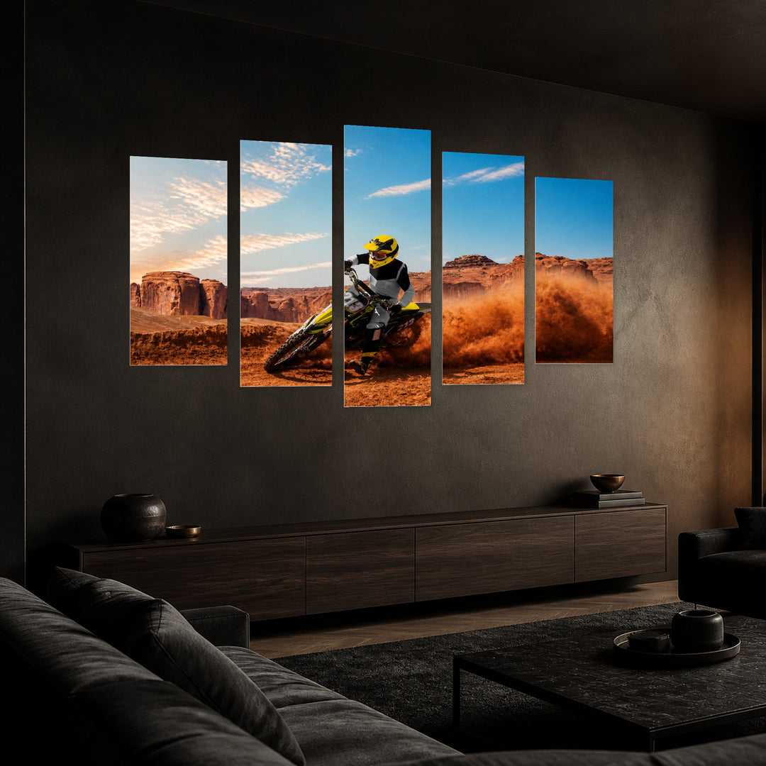 Desert Motocross Drift — five-panel wall art in perspective interior | 5wallart 51479 M2