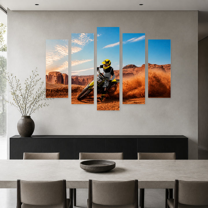 Desert Motocross Drift — five-panel wall art in alternate frontal interior | 5wallart 51479 M4