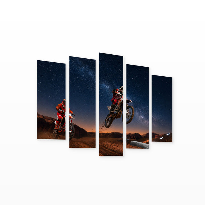 Moto Freestyle at Night — five-panel wall art on white background in perspective | 5wallart 51482 M1