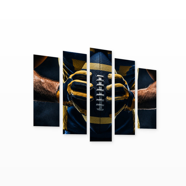 Rugby Ball in Blue and Gold — five-panel wall art on white background in perspective | 5wallart 51486 M1