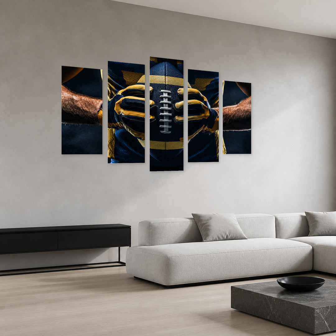 Rugby Ball in Blue and Gold — five-panel wall art in perspective interior | 5wallart 51486 M2