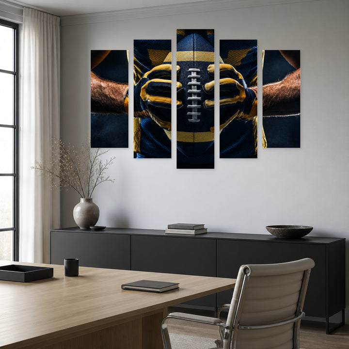 Rugby Ball in Blue and Gold — five-panel wall art in frontal interior | 5wallart 51486 M3
