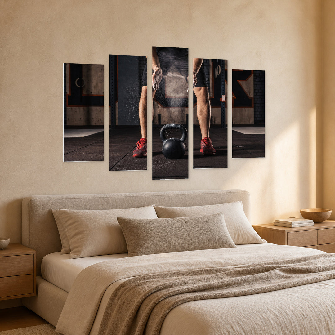 Black Powder with Geometric Rhythm — five-panel wall art in perspective interior | 5wallart 51489 M2