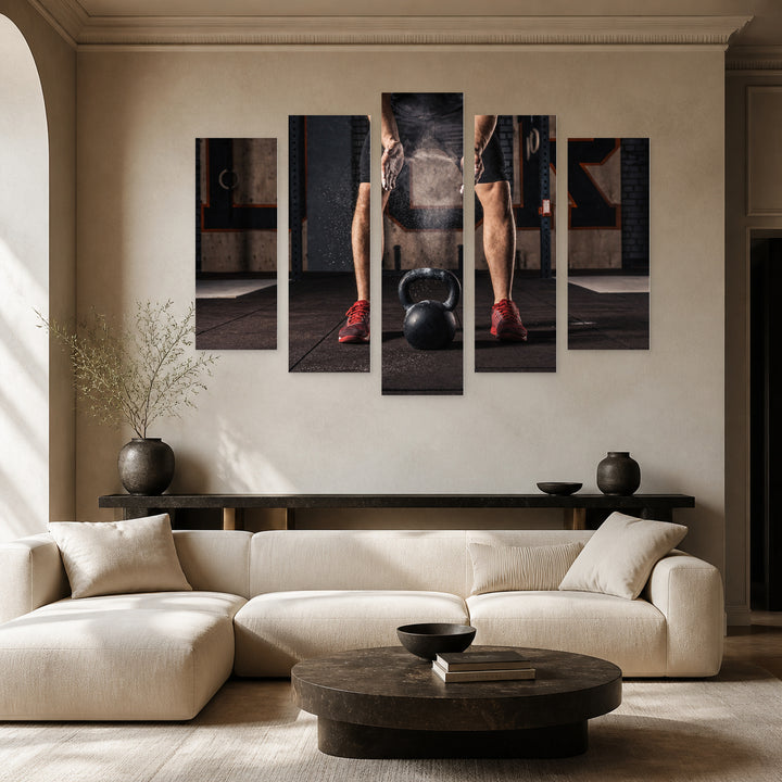 Black Powder with Geometric Rhythm — five-panel wall art in frontal interior | 5wallart 51489 M3