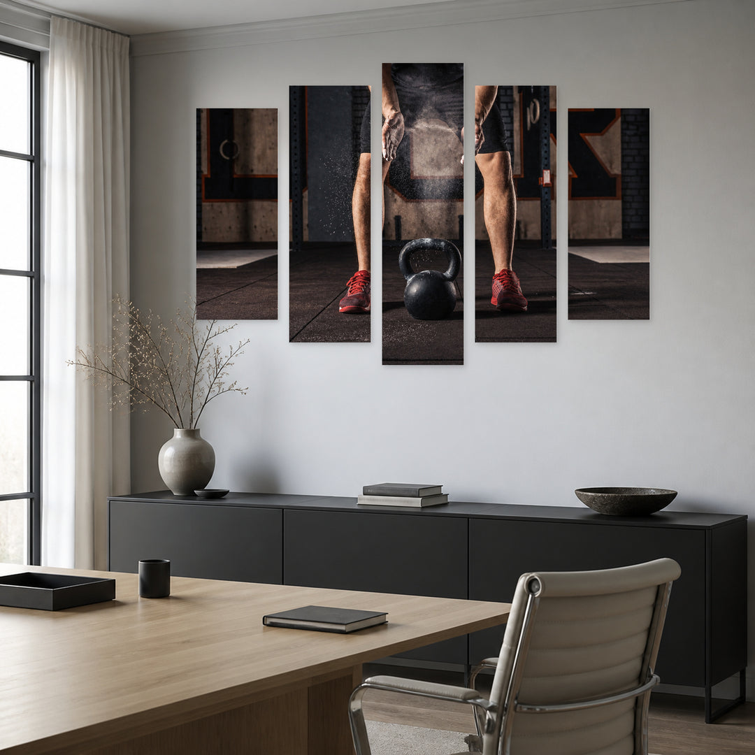 Black Powder with Geometric Rhythm — five-panel wall art in alternate frontal interior | 5wallart 51489 M4