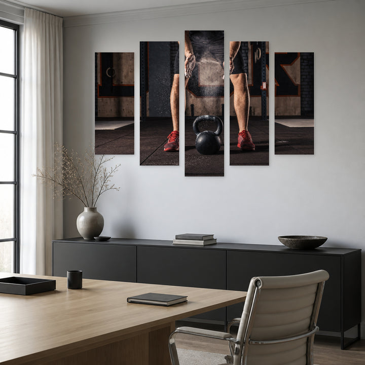 Black Powder with Geometric Rhythm — five-panel wall art in alternate frontal interior | 5wallart 51489 M4