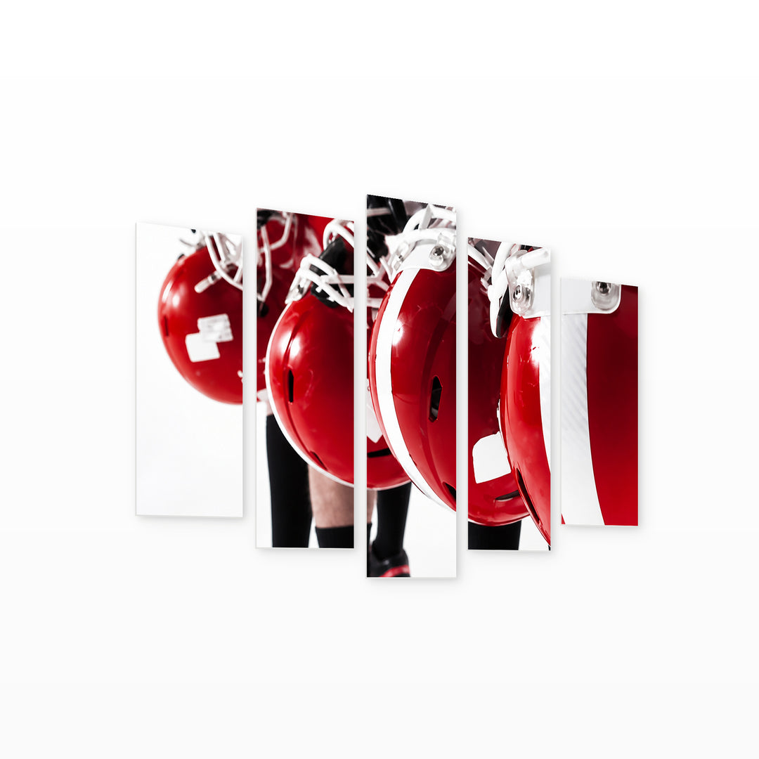Red Helmets with Geometric Rhythm — five-panel wall art on white background in perspective | 5wallart 51490 M1