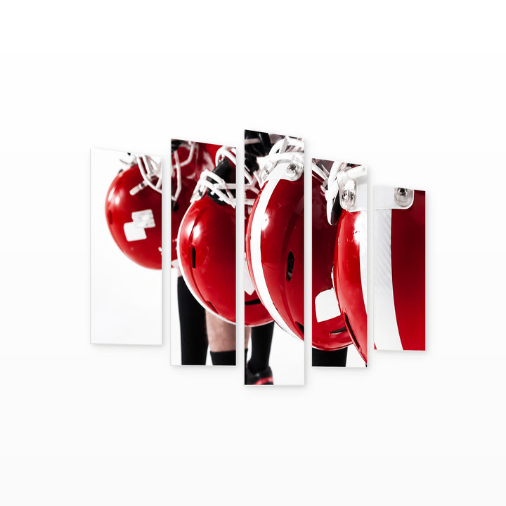 Red Helmets with Geometric Rhythm — five-panel wall art on white background in perspective | 5wallart 51490 M1
