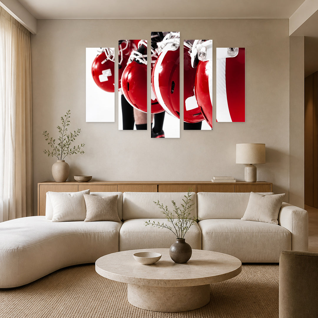 Red Helmets with Geometric Rhythm — five-panel wall art in alternate frontal interior | 5wallart 51490 M4
