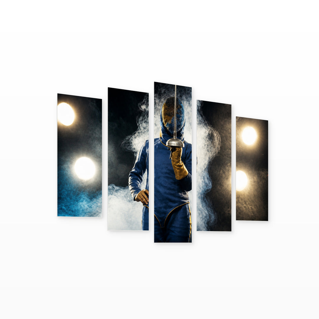 Fencing Competitor in Blue and Gold — five-panel wall art on white background in perspective | 5wallart 51501 M1