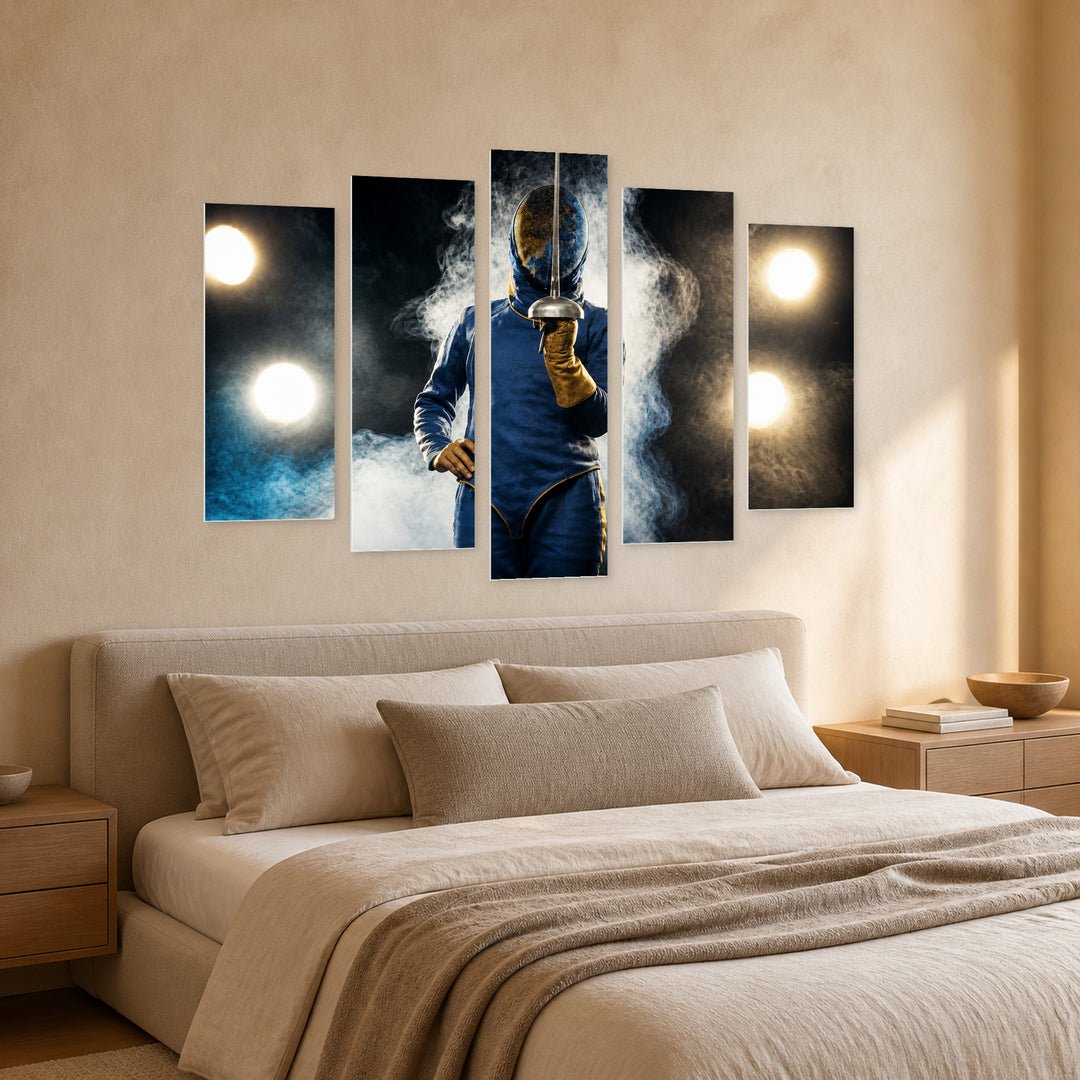 Fencing Competitor in Blue and Gold — five-panel wall art in perspective interior | 5wallart 51501 M2