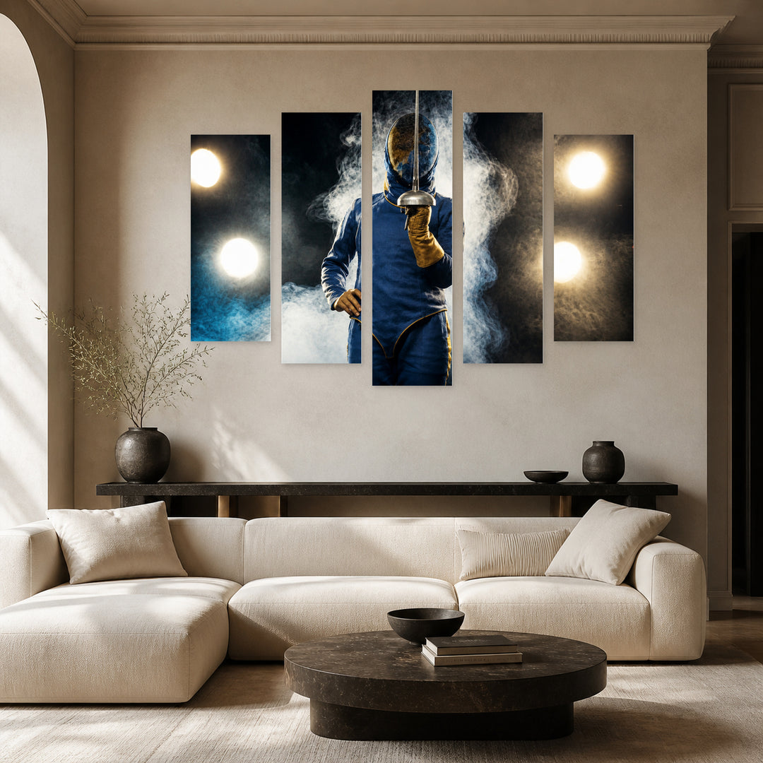 Fencing Competitor in Blue and Gold — five-panel wall art in frontal interior | 5wallart 51501 M3