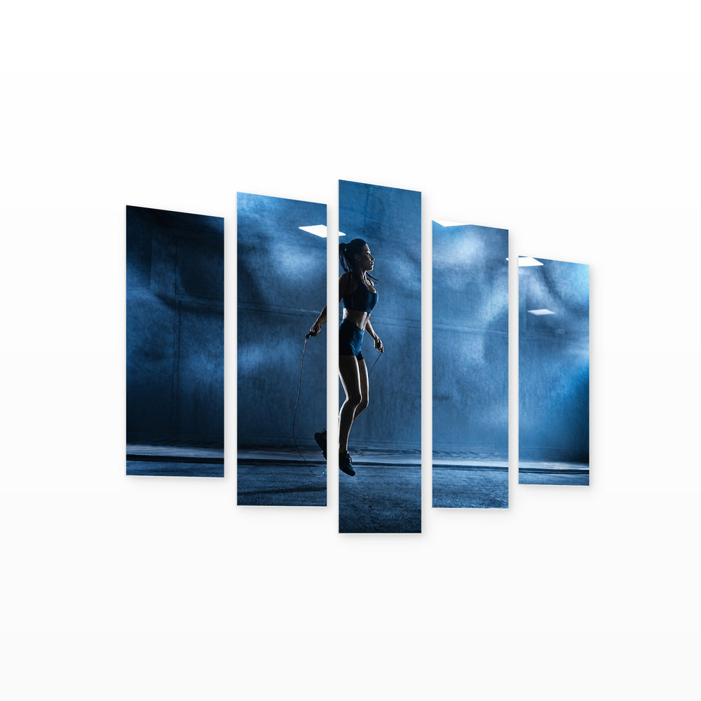 Young Athletic Woman with Dramatic Contrast — five-panel wall art on white background in perspective | 5wallart 51502 M1