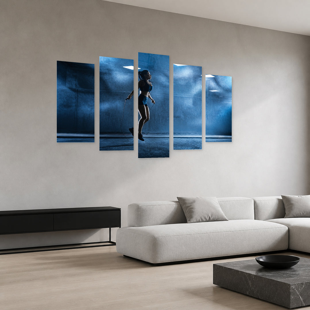 Young Athletic Woman with Dramatic Contrast — five-panel wall art in perspective interior | 5wallart 51502 M2